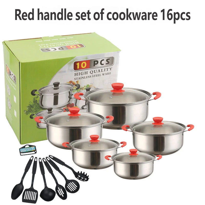 Stainless Steel 10-Piece Smokeless Pot Set Glass Lid Tube Handle Gas Ready Casserole Saucepan Multi-Layer Base Sizes 16-24cm