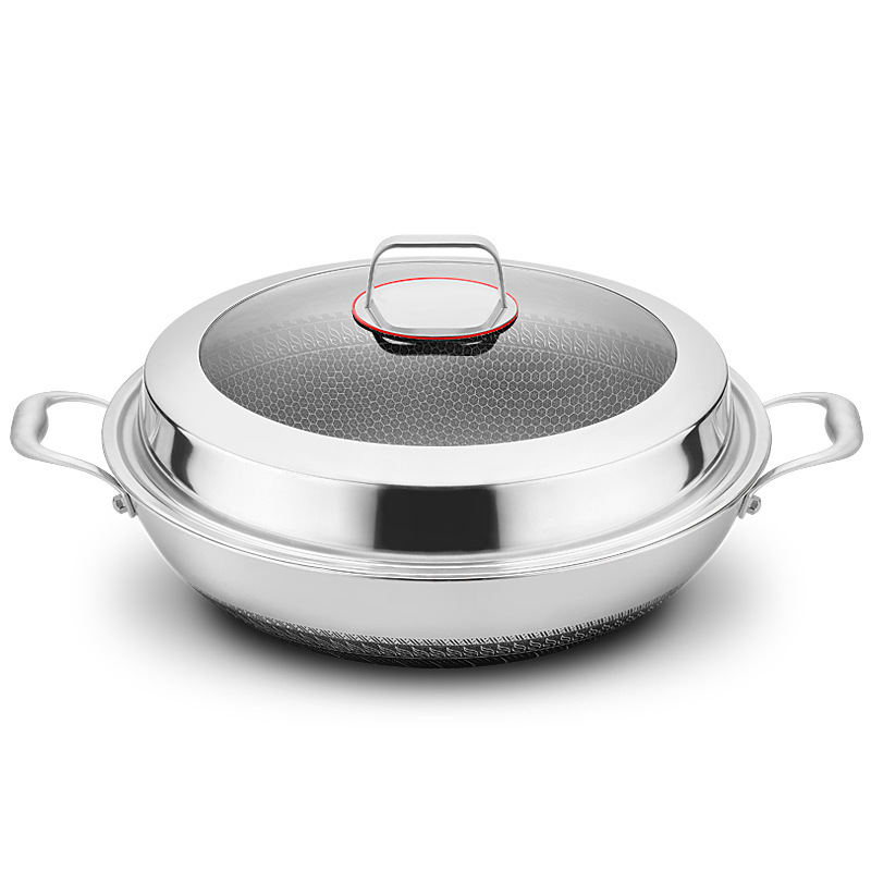 316 Double-Ear Stainless Steel Wok 40 42 Large Non-Stick Flat Bottom Household Cooking Pan Low Oil Smoke Double-Sided Screen