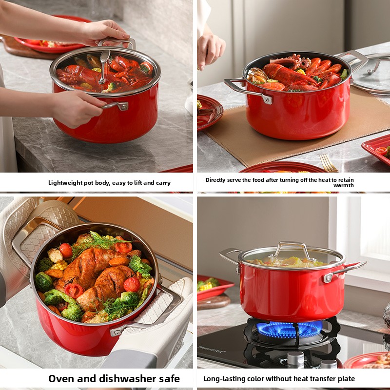 Factory OEM Wholesale Three Layer Steel Soup Pot Full Enamel Coating Stainless Steel Body Food Grade All Stove Compatible
