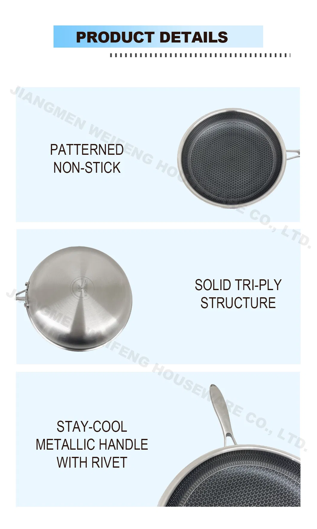 3PCS High Quality Thickened Tri-Ply Patterned Non-Stick Frying Pan, Stainless Steel Cookware