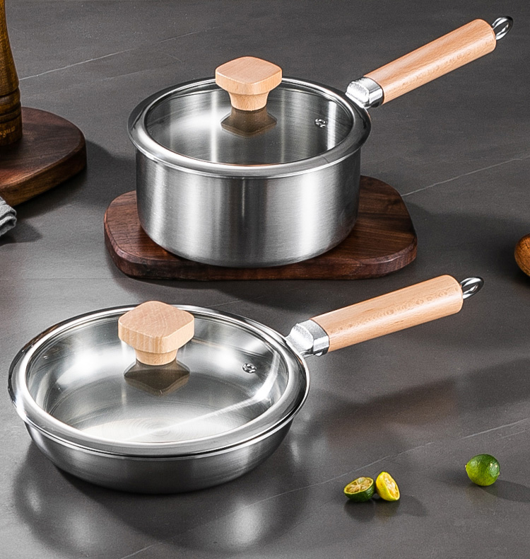 304 Stainless Steel Frying Pan Non Stick Uncoated Kitchen Wok With Lid and Wooden Handle Flat Bottom Frying Pan