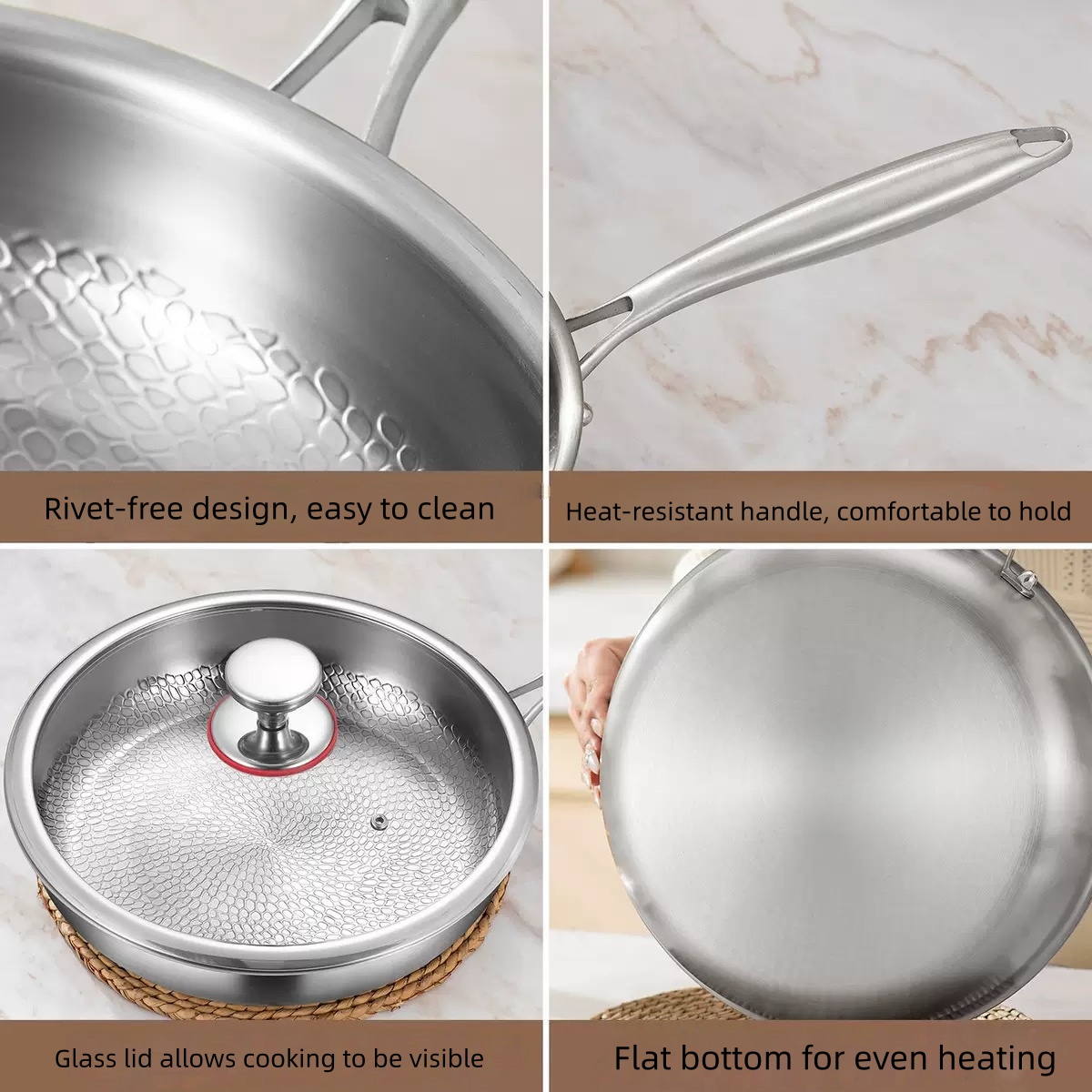 Professional Tri-Ply 304 Stainless Steel Hammered Pan Flat Bottom Nonstick Skillet Glass Lid Easy Clean Hand Wash Only All
