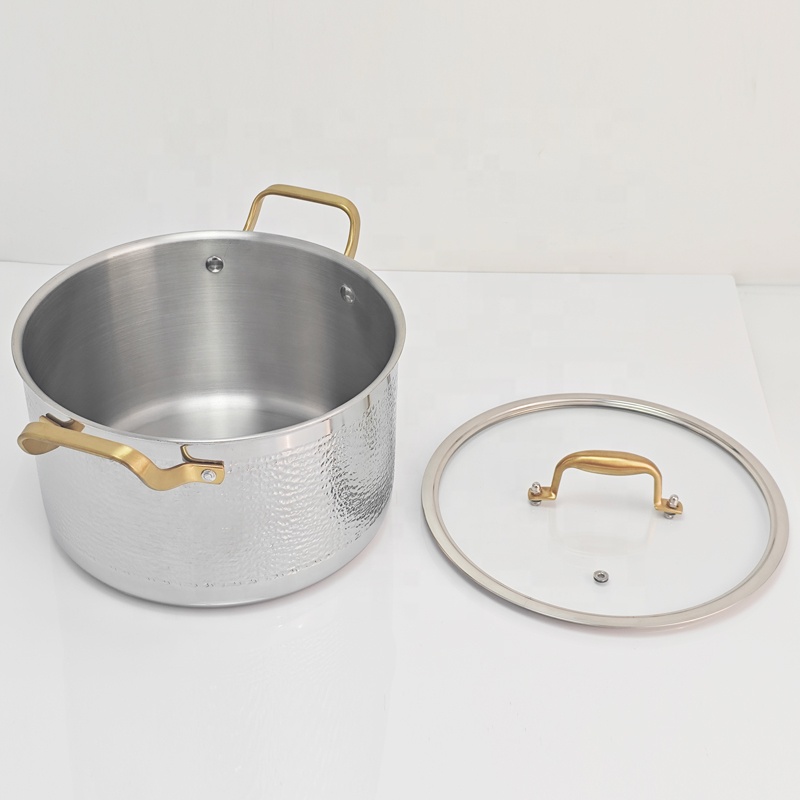 3 Ply Golden Soup Pot 304 Hammered Stockpot Stainless Steels Cookware Stock Soup Pot for Kitchen Cooking Non-Toxic Safe