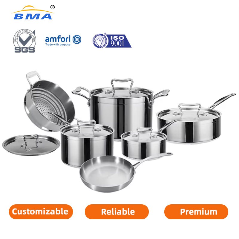 11 Piece Kitchen Non Stick Cooking Pot and Pan Set Triply Stainless Steel Saucepan Skillet Stockpot Nonstick Cookware Set