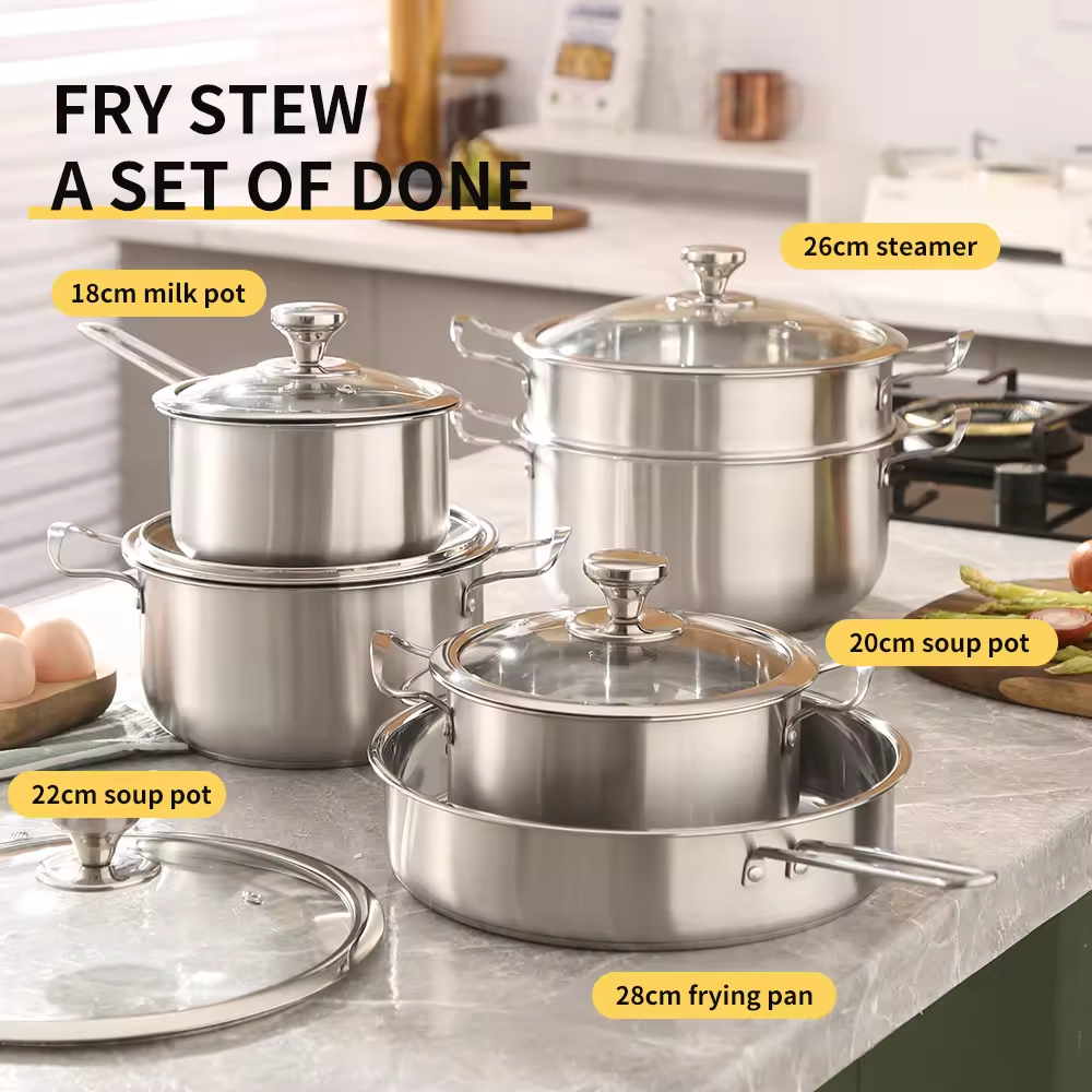 Stainless Steel 11 Piece Cookware Set Kitchen Steamer Cooking Pots Induction Soup &amp; Stock Pots Korean Pot Set