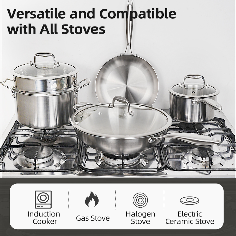 Custom Luxury Kitchen 4 Size Thicken 2.5mm 3 Ply Stainless Steel 316 Non Stick Steamer Cookware Frying Wok Pan and Pot Set