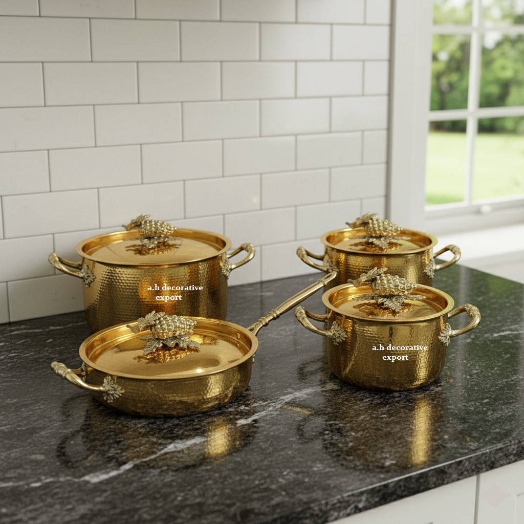 Hand-Hammered Gold Stainless Steel Eco-Friendly Pot Pan Set Heavy Duty Decorative Cookware Casserole Saucepan Ornate Europe