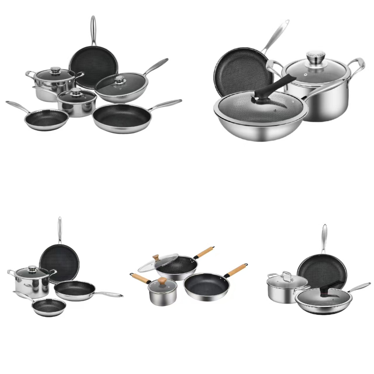 High Quality Cheap Cookware Triply Stainless Steel Honeycomb Cooking Fry Big Wok Pan with Glass Lid