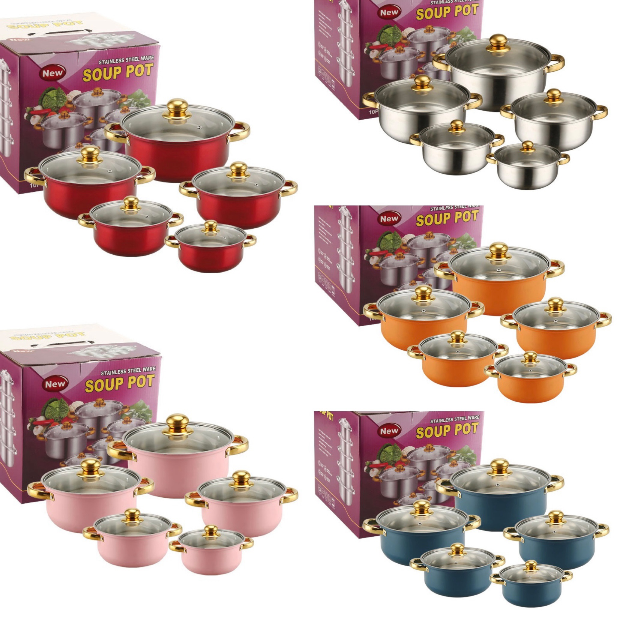 LOVFE Factory 10 Piece Saucepan Stainless Steel Heavy Duty Thickened Color Eco-Friendly Kitchen Cooking Pots and Pans Set