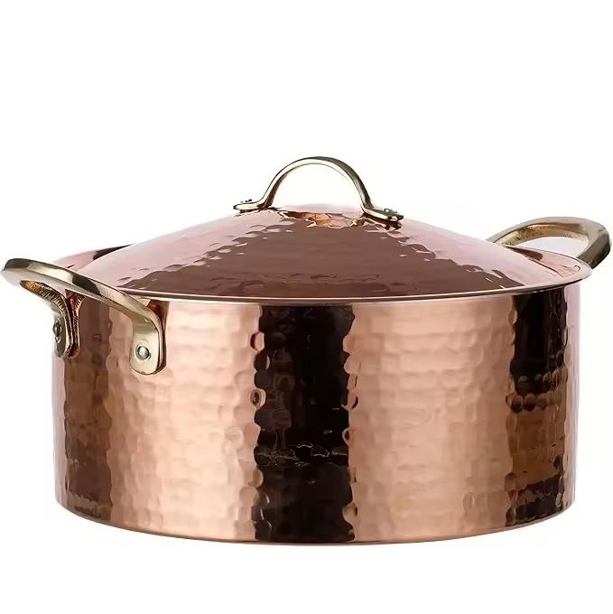Hand Hammered Copper Casserole with Lid and Brass Handles Elegant Stainless Steel Lined Dutch Oven Pot for Gourmet Cooking