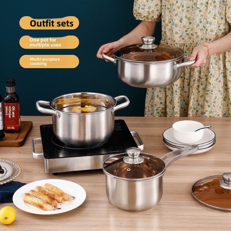 Stainless Steel 3-Piece Cookware Thickened Saucepan Milk Pan Frying Pan-Practical Kitchen Utensil &amp; Gift