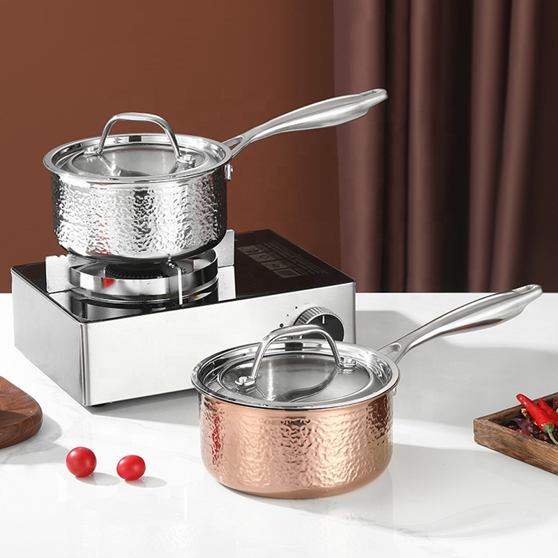 Triply Stainless Steel Saucepan Luxury Hammer Pattern Milk Pot Glass Lid Dishwasher Safe 16cm Soup Stock Pots Stainless Steel