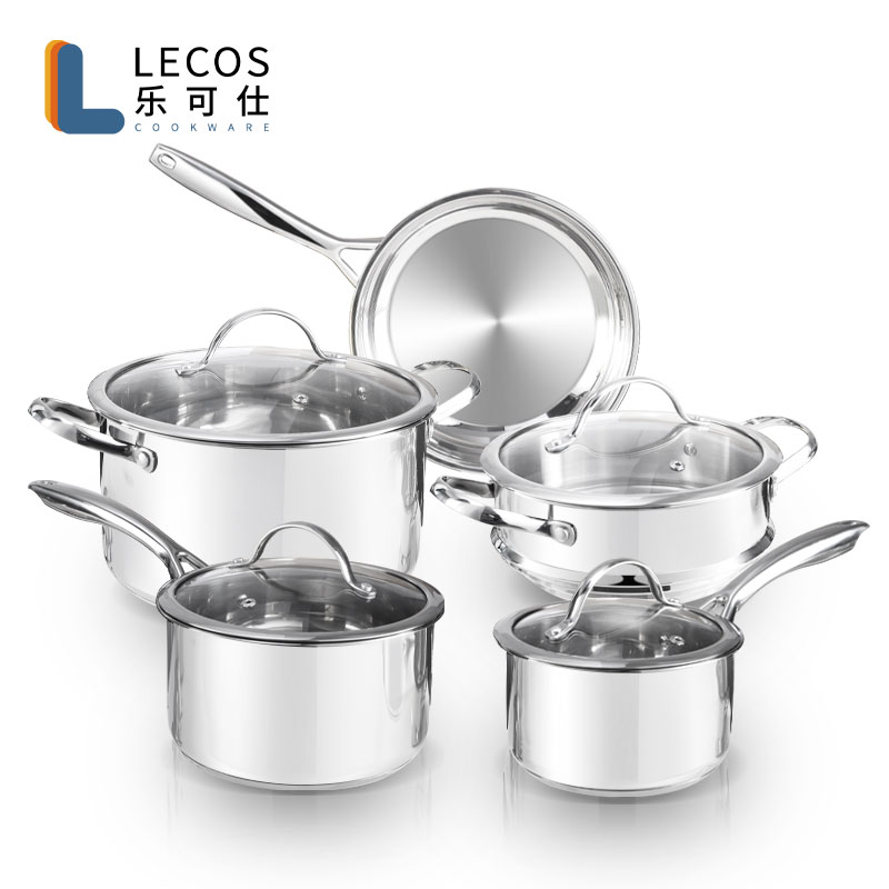 LECOS New Product Ideas Good Quality Kitchen Frying Pan Steamer Pot Set 9-Piece Cookware Set Stainless Steel with Steel Lids