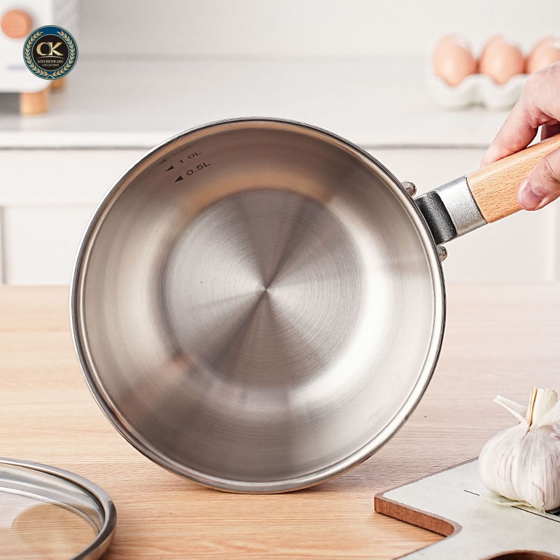 Stainless Steel Frying Pan 316 Sapphire Pan with Wood Hand Grip Containing Glass Cover for Gas &amp; Induction Cookers