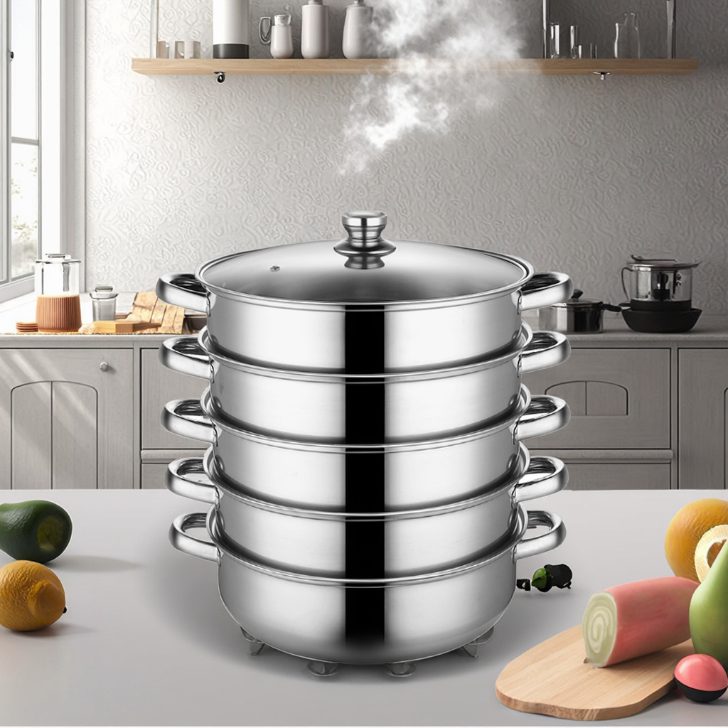 Five-Layer Stainless Steel Soup and Steamer Pot Set Thickened Hot Pot for Gas Stove and Induction Cooker for Home Use