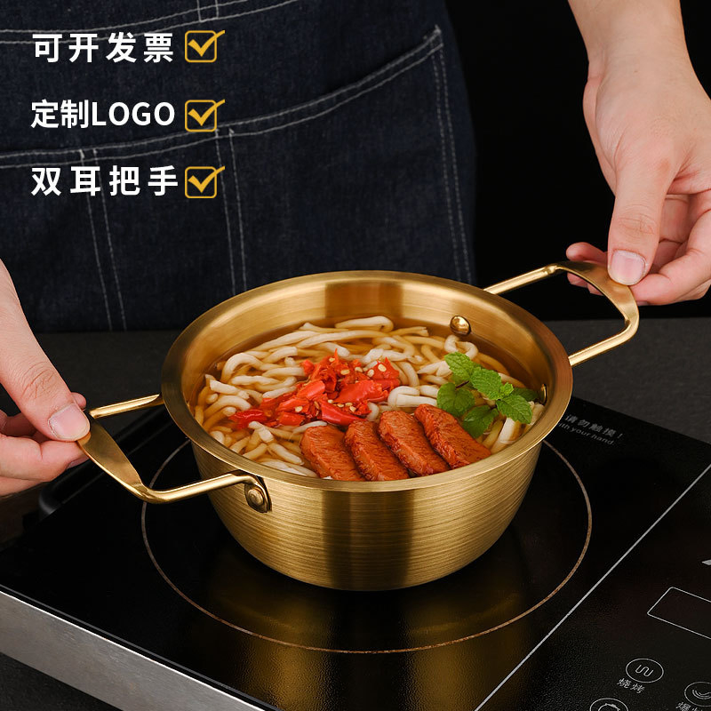 Korean Stainless Steel Ramen Pot – Double-Handled Thickened Noodle Soup Pot with Lid, Small Induction-Compatible Hot Pot