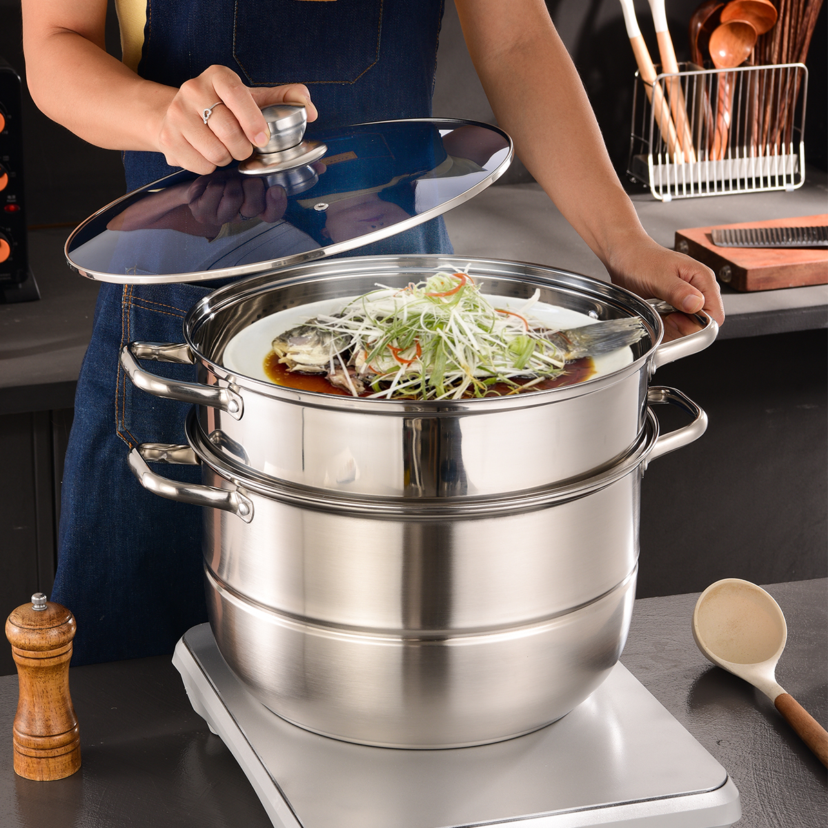 Stainless Steel Kitchen 10-Piece Cookware Set Eco-Friendly Home Cooking Soup Pot Steamer Pot Steamer Basket Large Capacity Home
