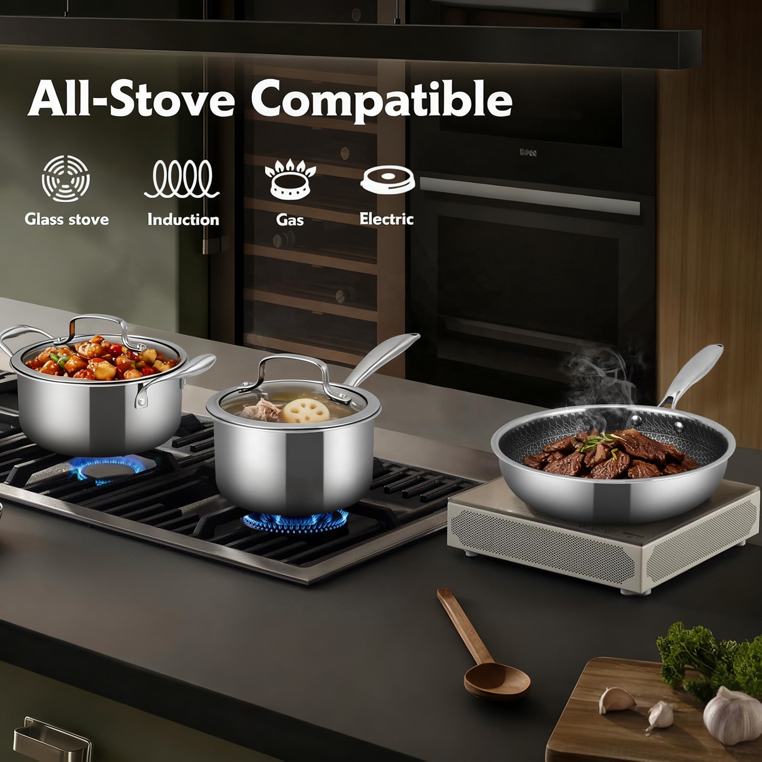 Custom 8-Piece Non-Stick TriPly 304 Stainless Steel Cookware Set With 18/10 Honeycomb Base Induction Ready Durable &amp; Oven Safe