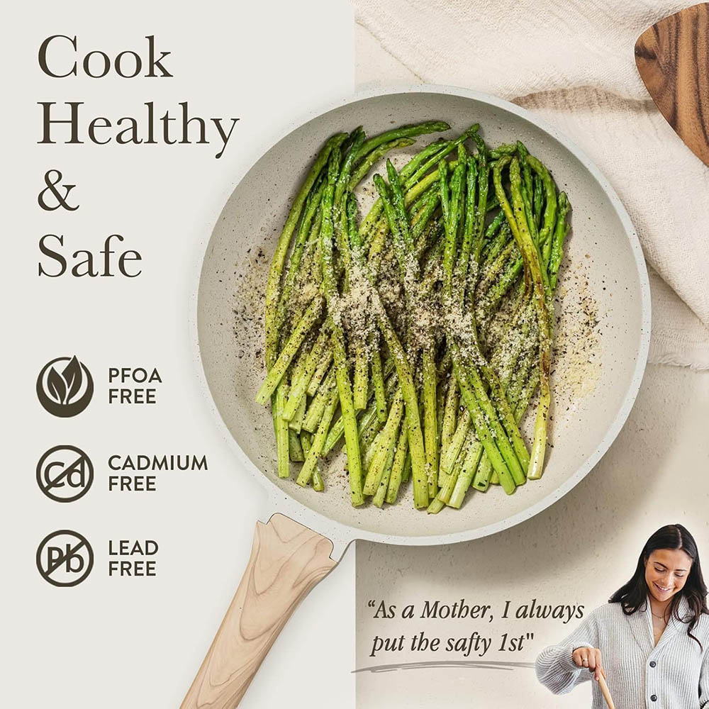 Non-Stick Medical Stone Frying Pan Skillet Eco-Friendly Wood Handle Glass Lid PFOA Free Oven Safe