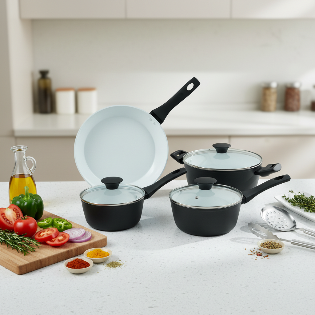 Commercial Kitchenware Cookware Set Forged Aluminum Nonstick Black PTFE Coating Bakelite Includes Milk Pan Frying Pan Sauce Pot