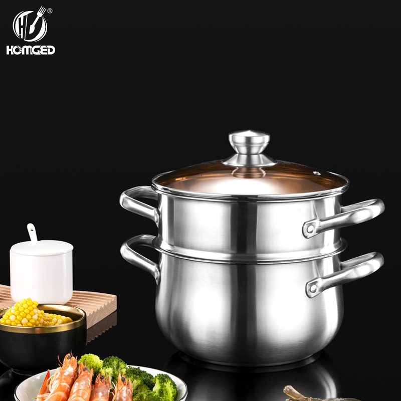 304 Stainless Steel Eco-Friendly Double Steamer with Glass Cover Uncoated Soup Pot 3L/4L Capacity