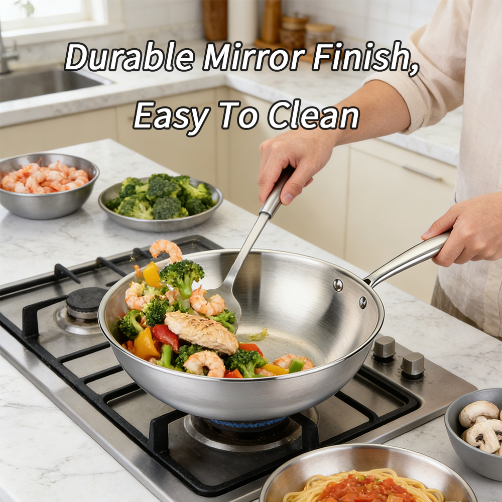 Tri-ply Full Clad Modern Stainless Steel Wok Professional Cookware 4-5L Oven Safe &amp; Induction Compatible