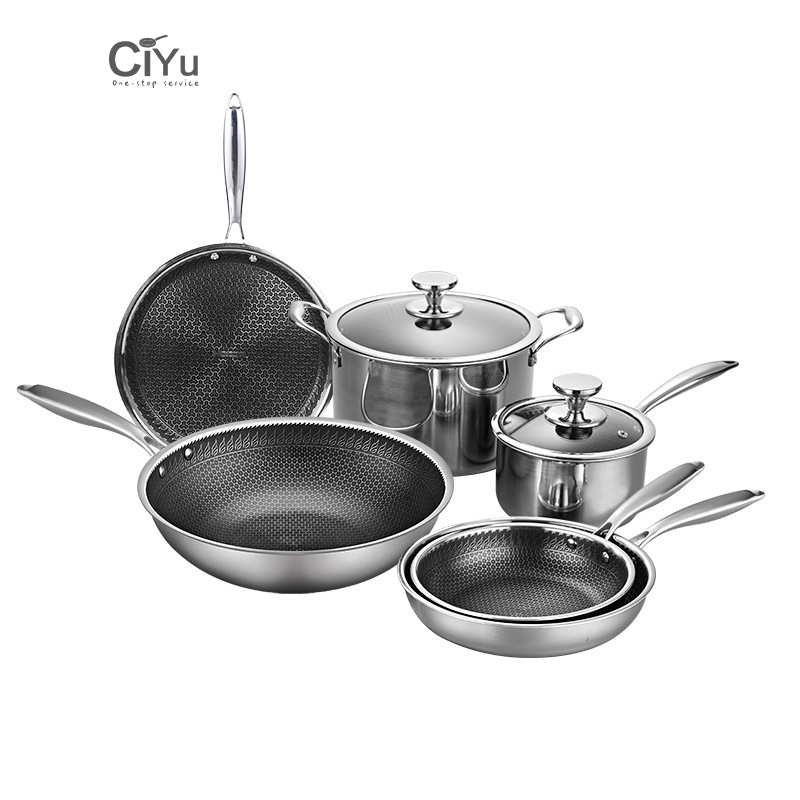 PFOA Free Induction Wok Pan Skillet Saucepan Pot Cooking Tri Ply Stainless Steel Honeycomb Non-stick Frying Pan Cookware Set