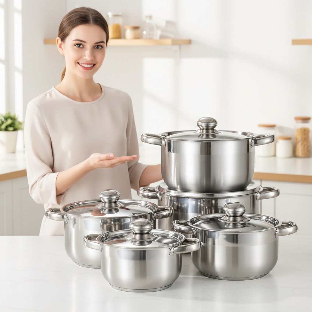 Custom Home Use 10pcs 16-24cm Stainless Steel 2-Layer Bottom Cooking Cookware Set Soup Stock Pot Cooking Pot Set with Cover