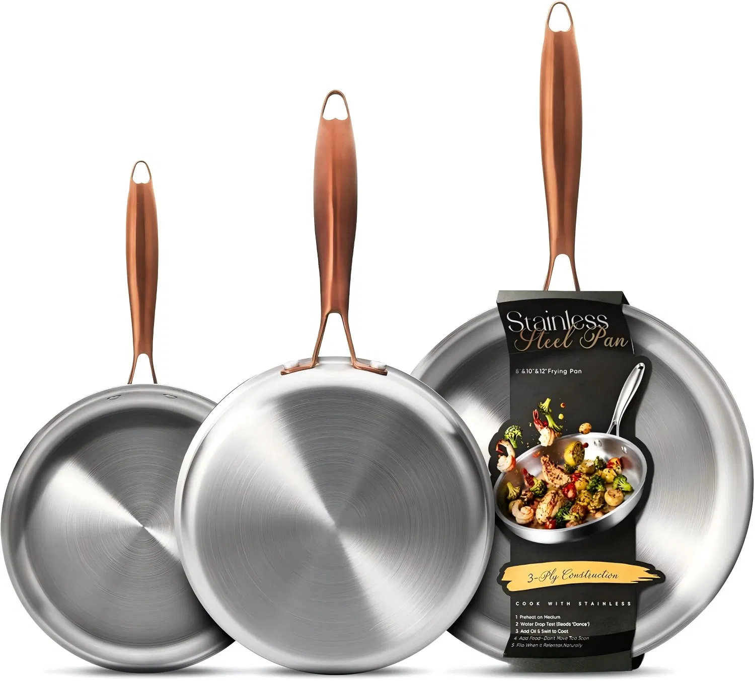 3-Piece Tri-Ply Stainless Steel Frying Pan Set, Skillet Set 8"/10"/12", Induction Compatible, Oven &amp; Dishwasher Safe, Gold Handle, Mothers Day Gifts