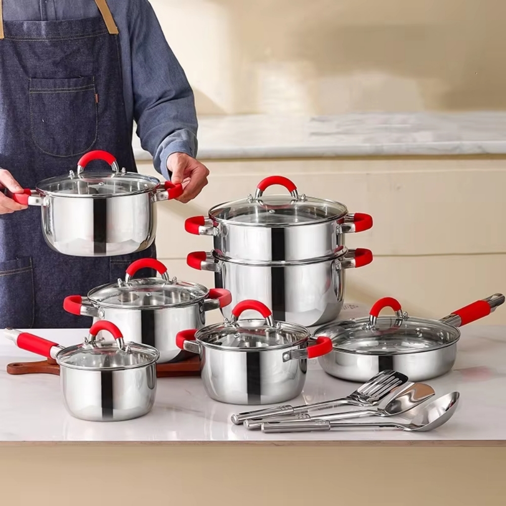 16 Piece All in One Kitchenware Casserole Fry Pan Saucepan Soup Pot Stainless Steel Cookware Set with Silicone Handle