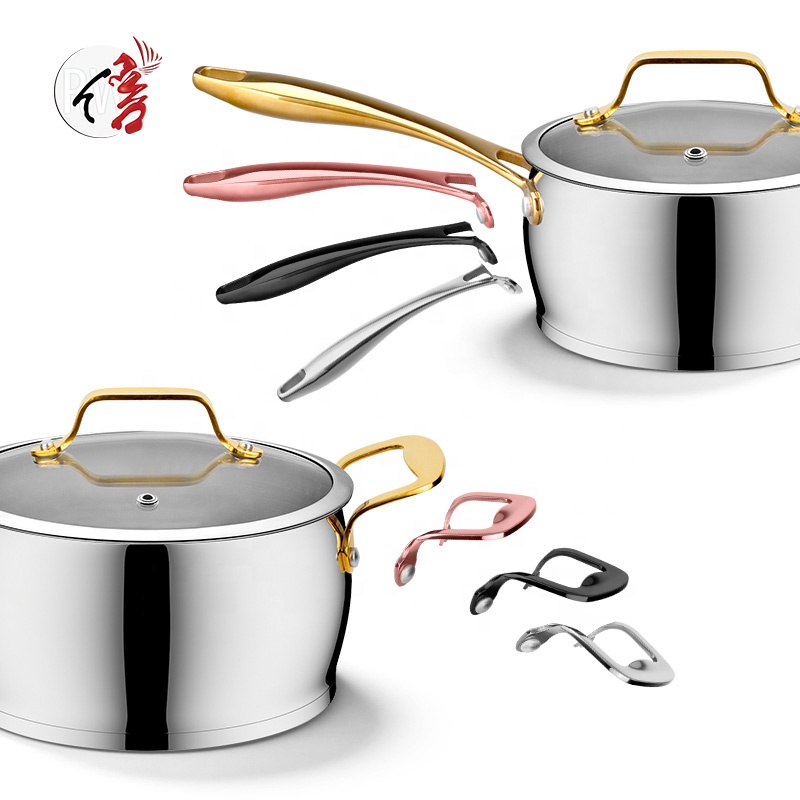 OEM Customize 8Pcs Belly Shape Induction Cookware Stainless Steel Cooking Pots and Pans Set With S/S Plated Gold Handle