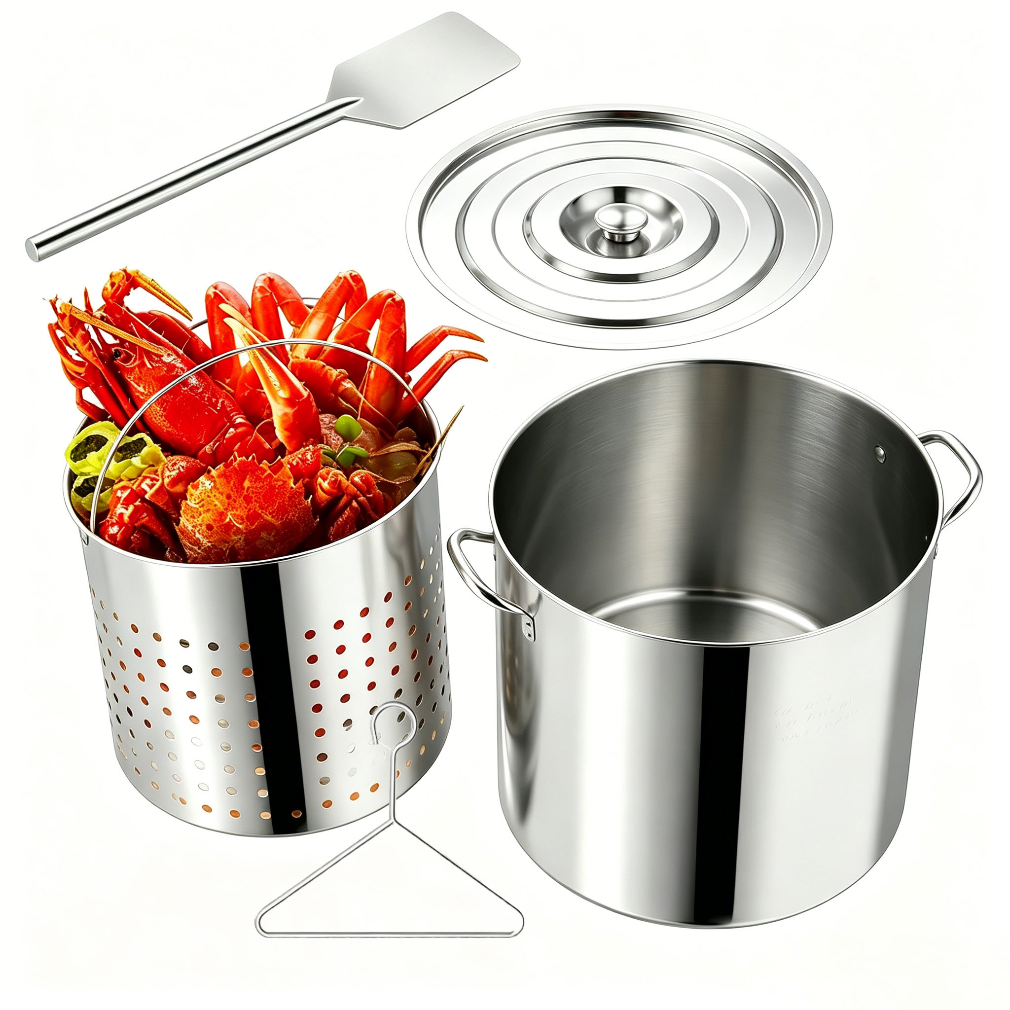 Steamer Pot with Paddle and Pasta Noodle Perforated Basket Food Grade 304 Stainless Steel Cookware Sets
