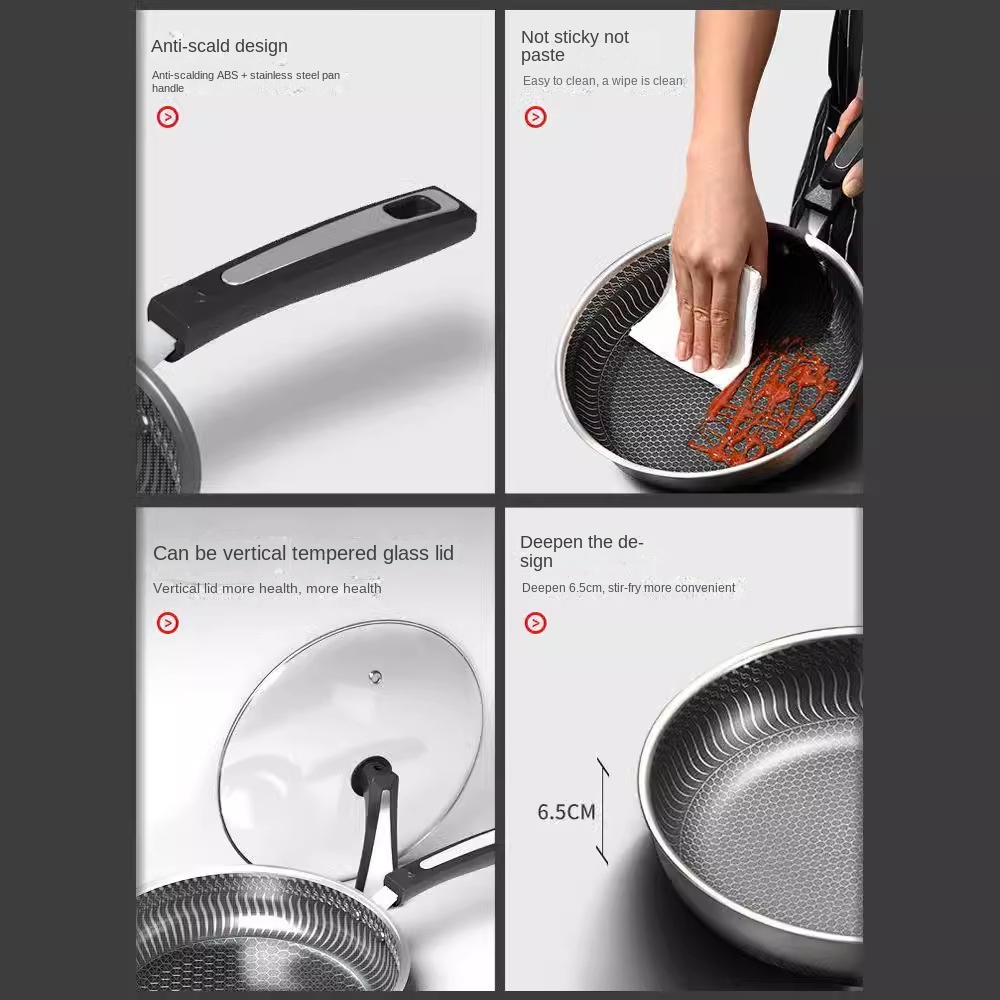 316 Stainless Steel Non-stick Deep Skillet Frying Pan Wok with HoneyComb Coating Design Hybrid High Quality Kitchen Household