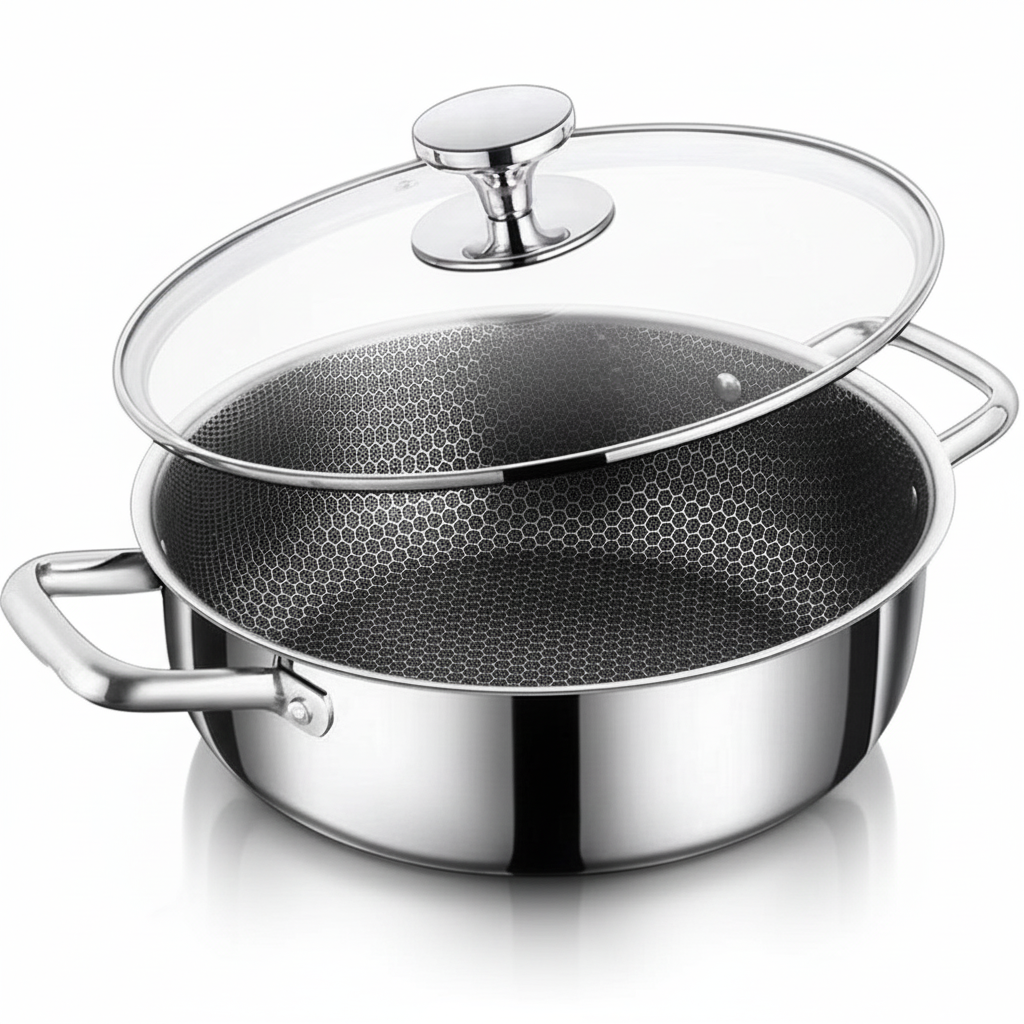 316 Stainless Steel Non-Stick Coating Honeycomb Design American/European Style Frying Pan Soup Pot Casserole Double Handles
