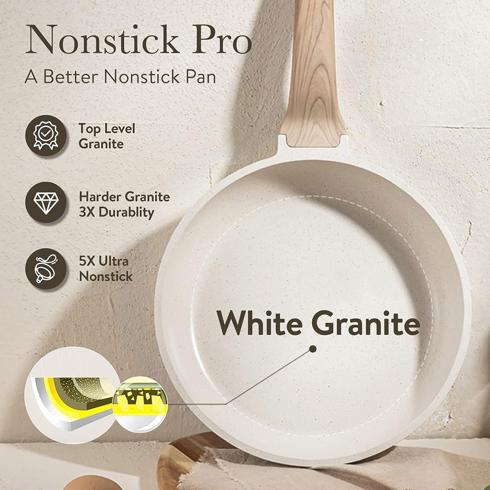 Non-Stick Medical Stone Frying Pan Skillet Eco-Friendly Wood Handle Glass Lid PFOA Free Oven Safe