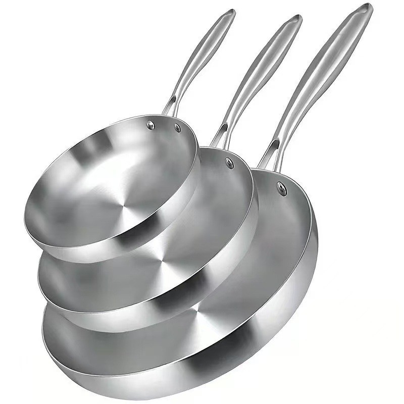 304 Stainless Steel Three-Layer Non-Stick Frying Pan Wok Thickened Coating-Free Flat-Bottomed Aluminum Base Universal Gas