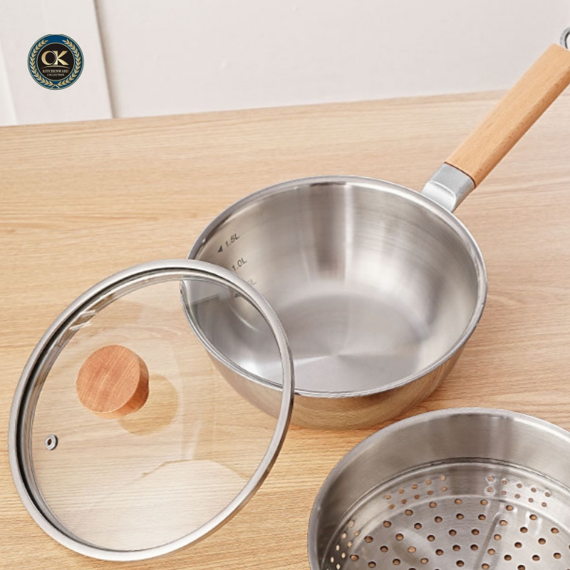 Stainless Steel Frying Pan 316 Sapphire Pan with Wood Hand Grip Containing Glass Cover for Gas &amp; Induction Cookers