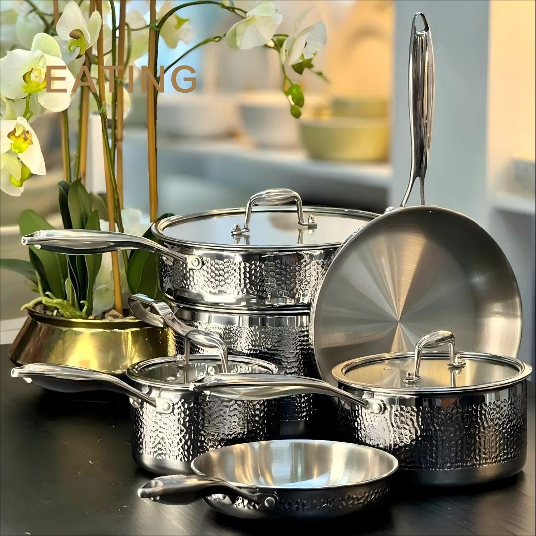 10 PCS High Quality Wholesale 3 Layers Tri-ply Stainless Steel Pots and Pan Hammered Cookware Set Saucepan for Home Frying Pan