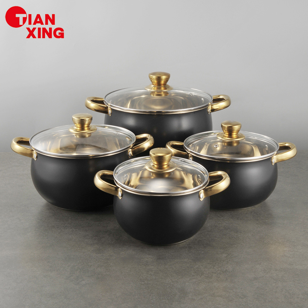 TIANXING 8-piece Stainless Steel Cookware Set Gold Handle Soup &amp; Stock Pots Black Casserole Set Induction Cooking Pot Set