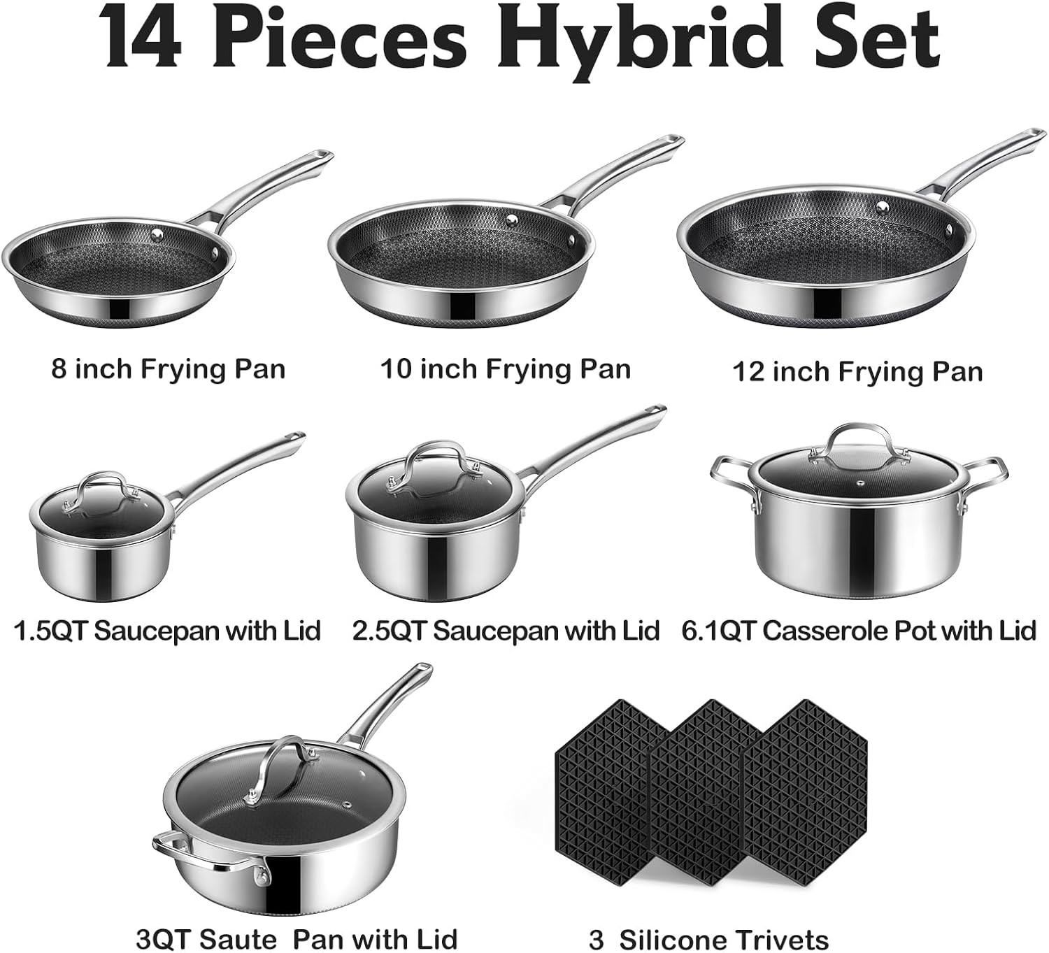 Stainless Steel 11-Piece Cookware Set Pots and Pans Non-Stick Frying Pans Saucepans Oven Safe Gas &amp; Induction Ready