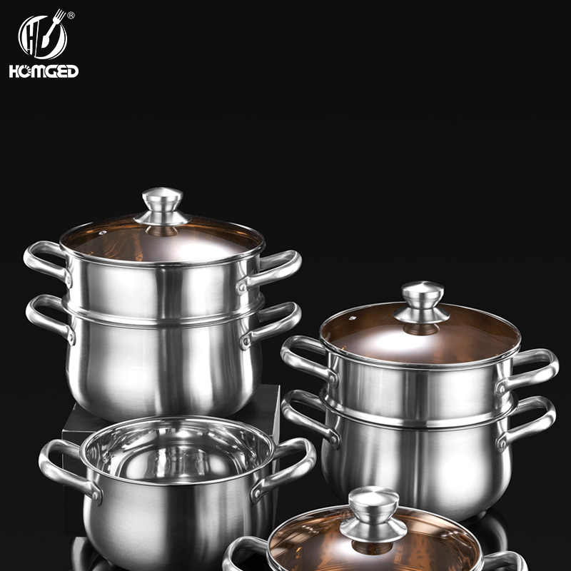 304 Stainless Steel Eco-Friendly Double Steamer with Glass Cover Uncoated Soup Pot 3L/4L Capacity