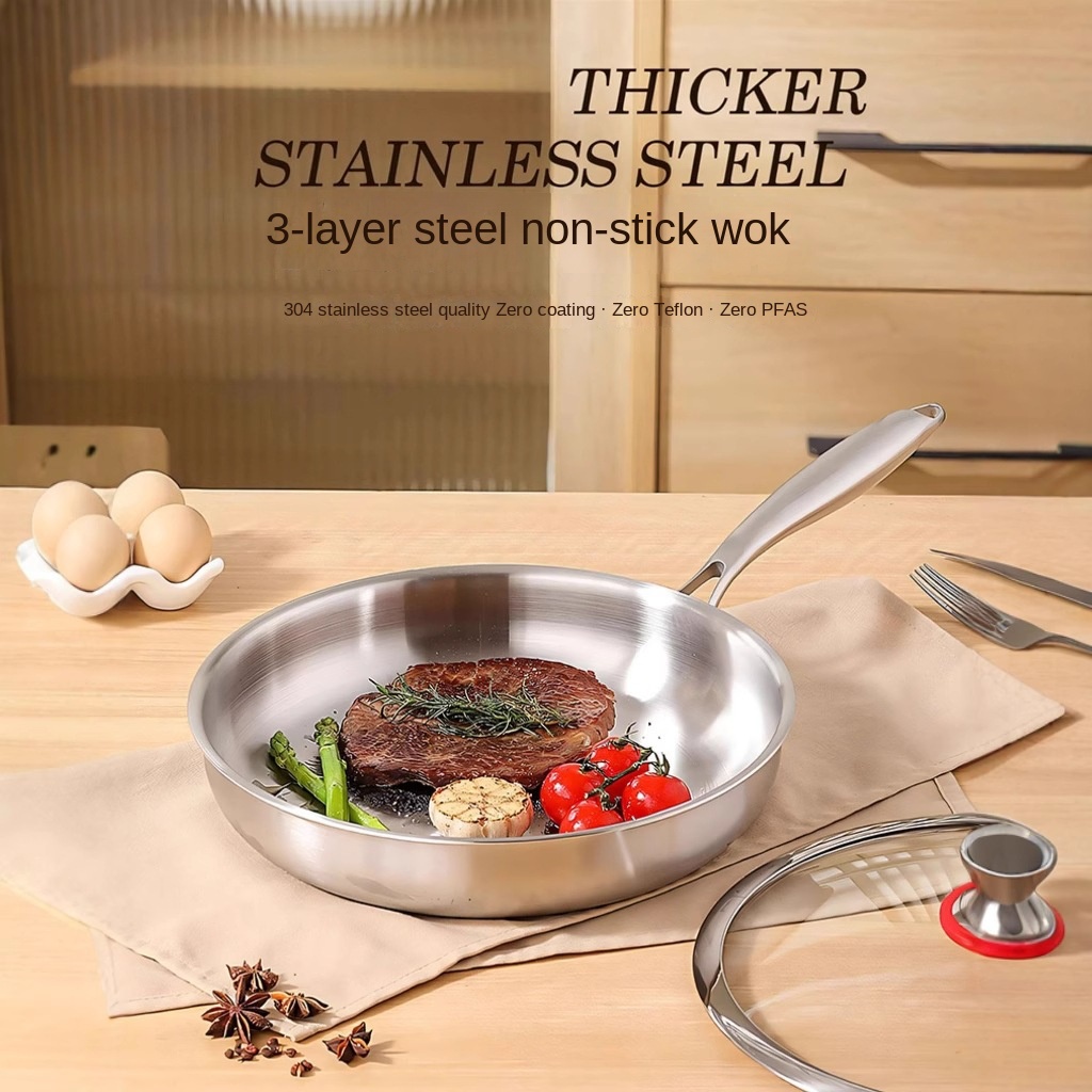 304 Stainless Steel Uncoated Thickened Three-Layer Steel Induction Gas Universal Frying Pan No Lid Hand Grip Material None Home