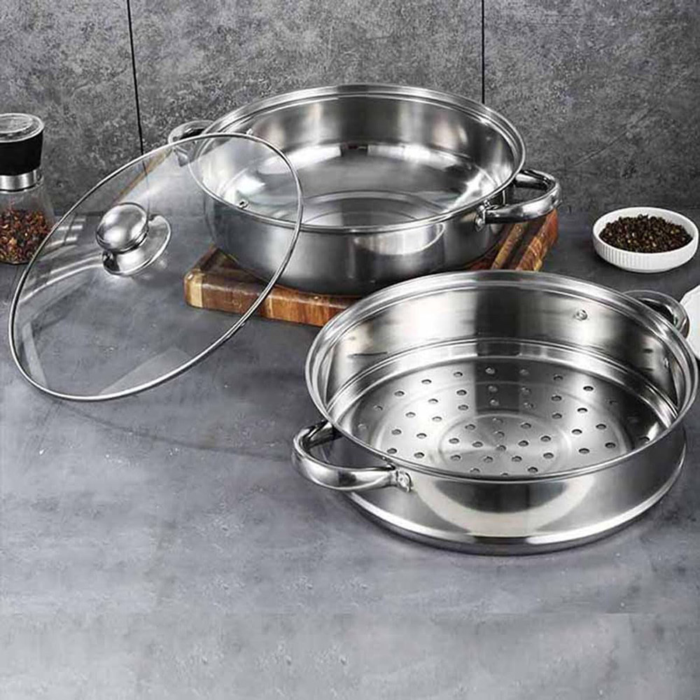 Eco-Friendly 3-Tier Stainless Steel Steam Pot with Glass Cover 15L Capacity for Gas &amp; Induction Stoves Multipurpose Cookware