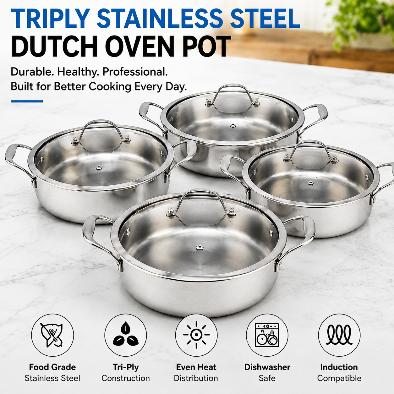 Factory New Arrival Tri-ply Stainless Steel Dutch Oven Cooking Pot Set Eco-Friendly Oven Safe Tempered Glass Lid Dishwasher Safe