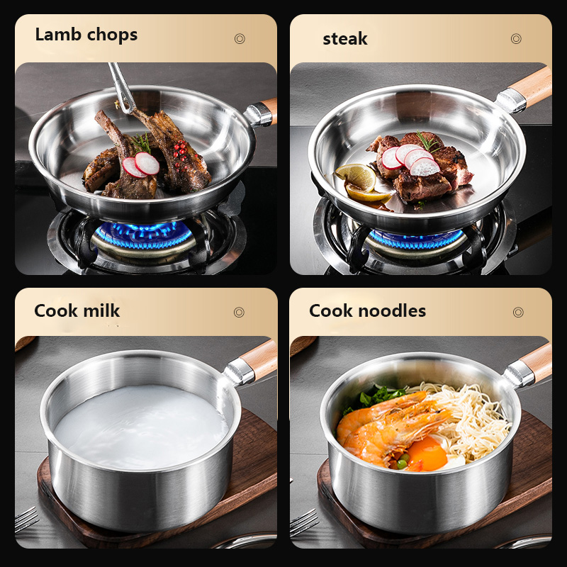 304 Stainless Steel Frying Pan Non Stick Uncoated Kitchen Wok With Lid and Wooden Handle Flat Bottom Frying Pan