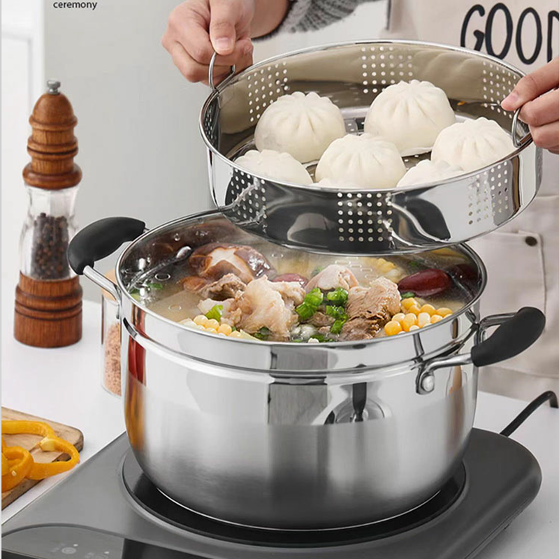 BSCI Certified 2-Tier 26cm Stainless Steel Steamer Pot Japanese Style Multi-Functional Soup Pot Stainless Steel Cookware Set