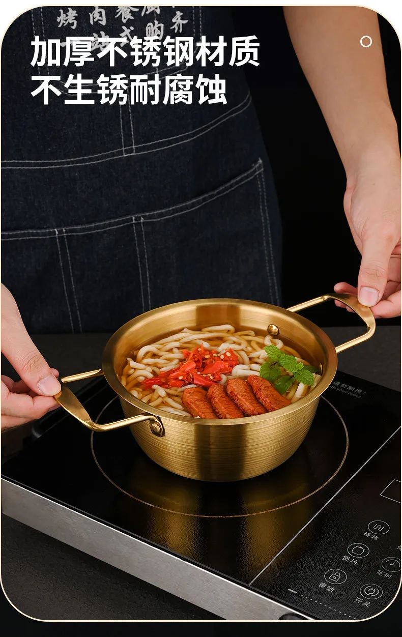 Korean Stainless Steel Ramen Pot – Double-Handled Thickened Noodle Soup Pot with Lid, Small Induction-Compatible Hot Pot