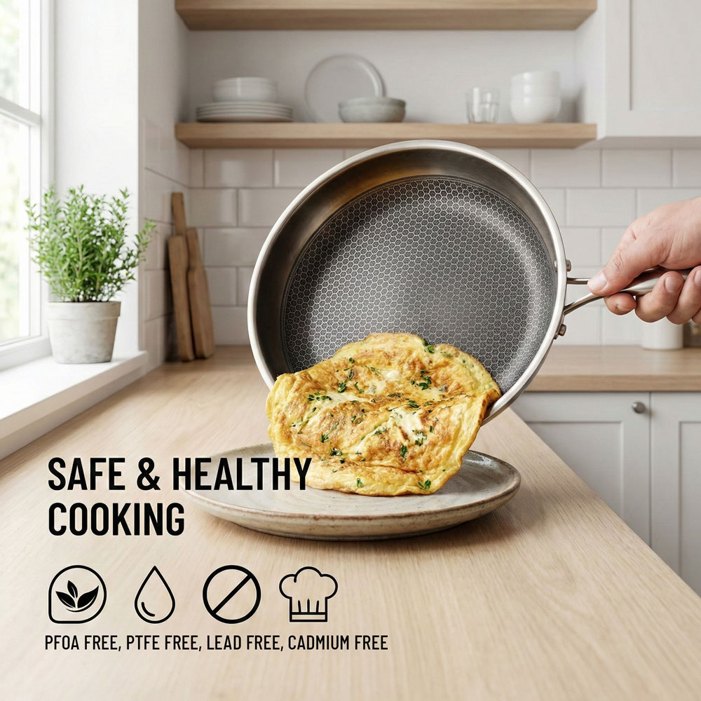 E-Top Stainless Steel Polished Frying Pan Nonstick Stainless Steel Skillet Scratch Proof Cool Grip Handles Non Toxic Cookware