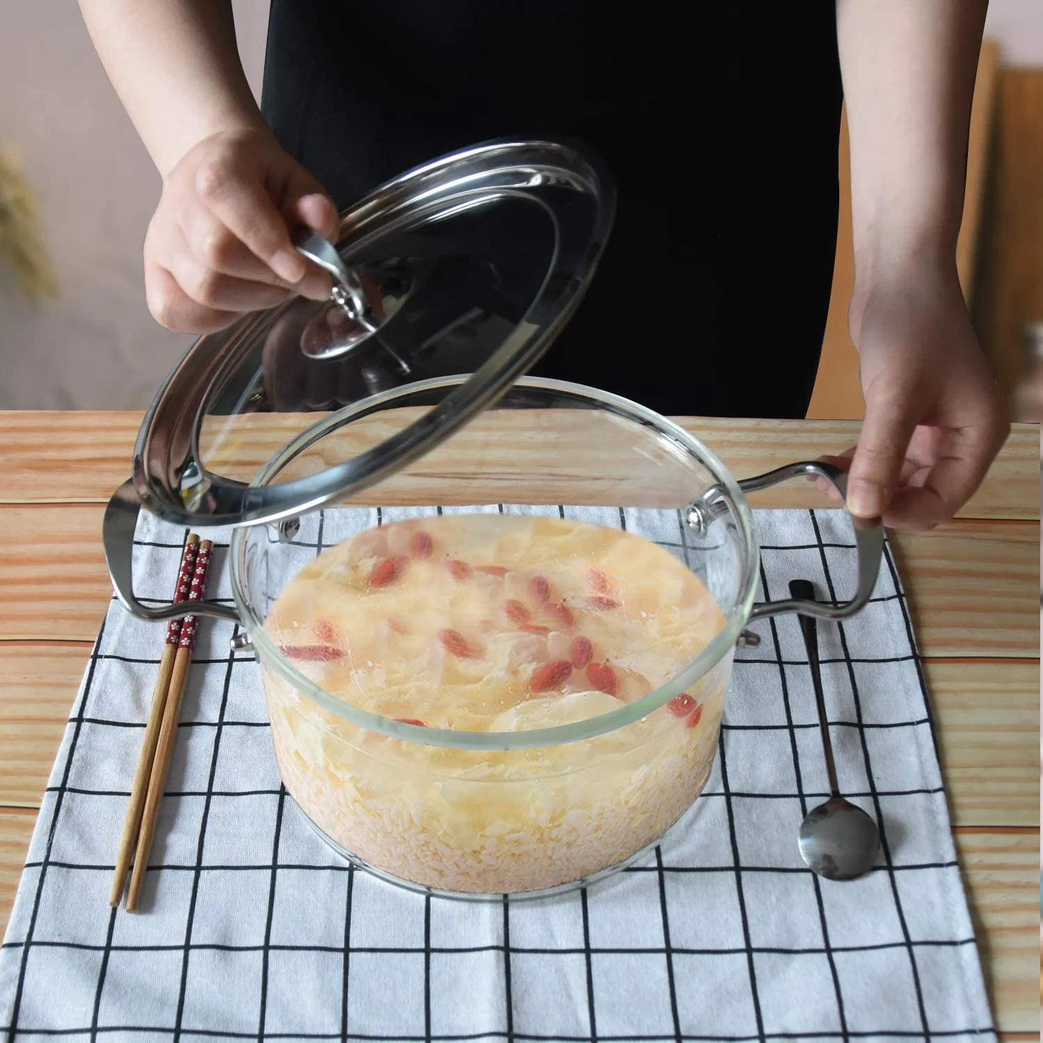 Brand New Glass Casseroles Set Transparent Cooking Pot with Stainless Steel Handle