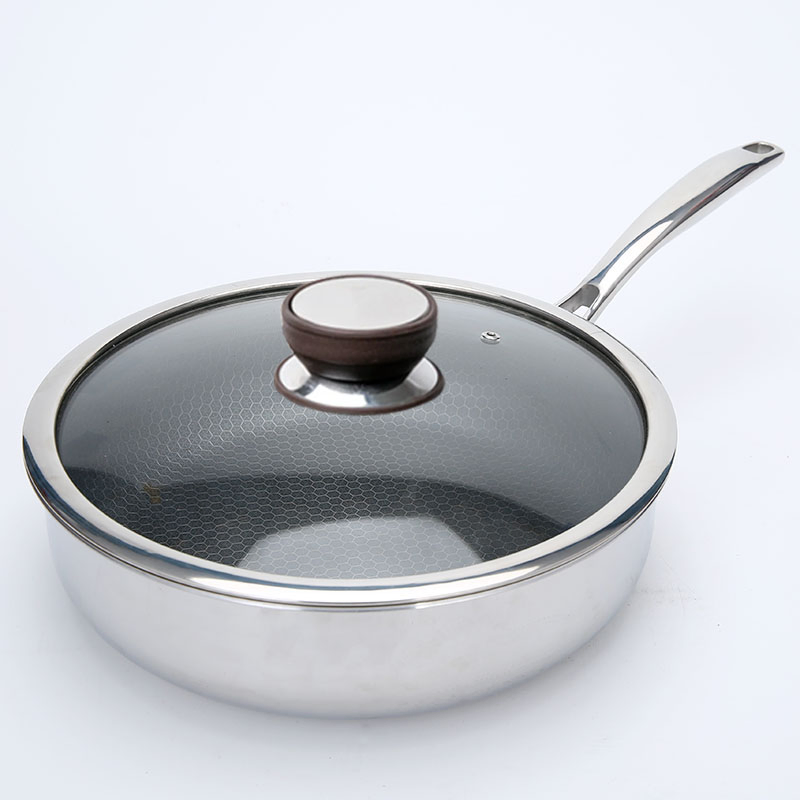 Stainless Steel 304 Triply Honeycomb Frying Wok Cooking Saute Pan with Glass Cover